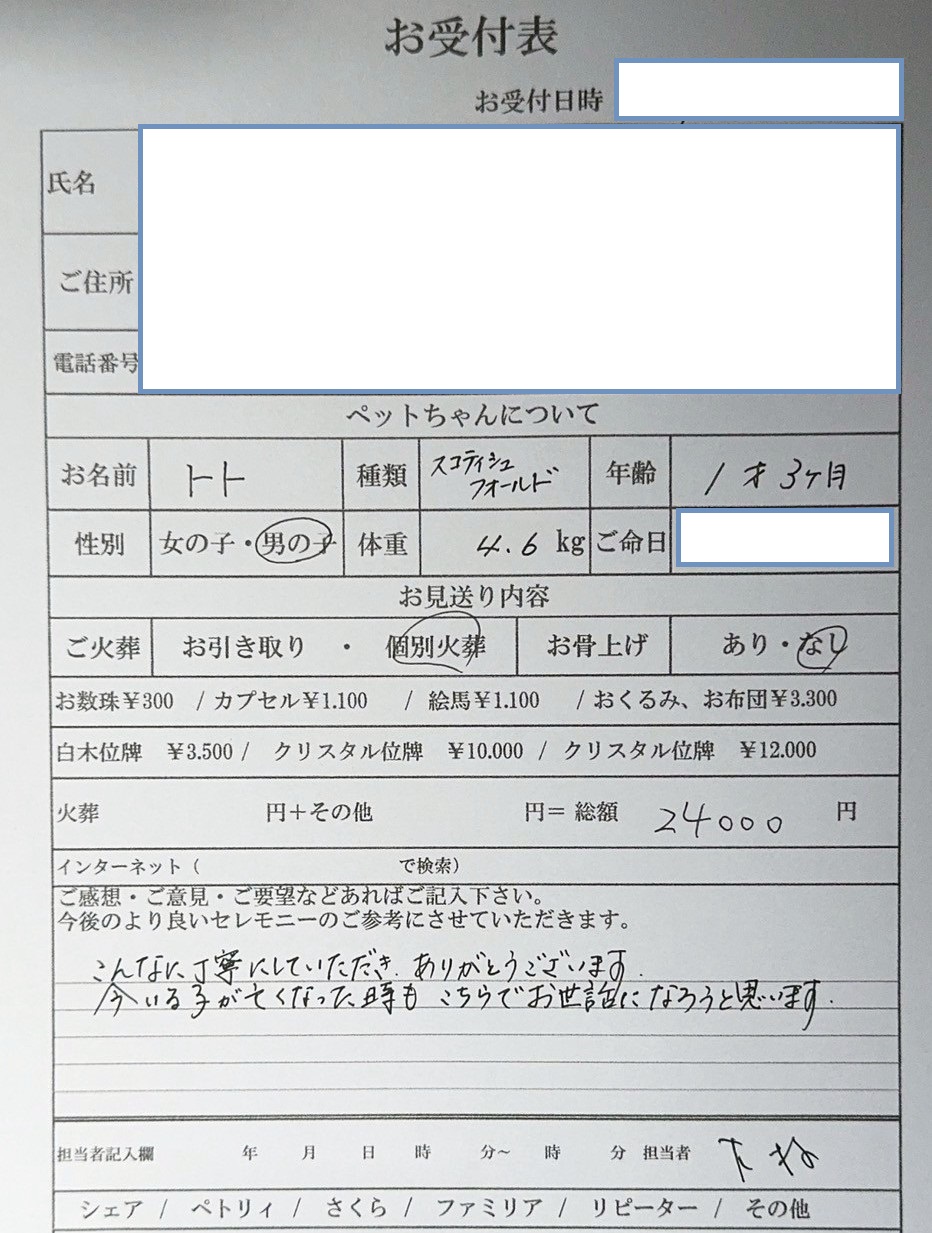 堺市西区M様からのペット火葬のご依頼